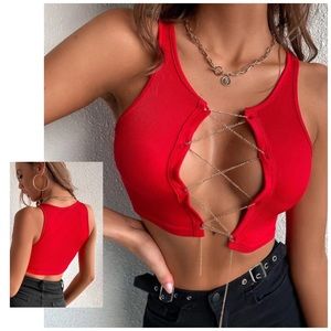 NWOT, Lace Up Chain Detail Red Crop Top, Size XL